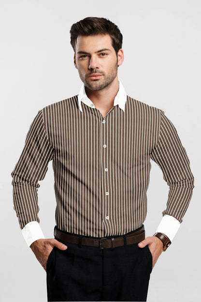 Tortilla Brown and White Pinstripes Designer Cotton Shirt