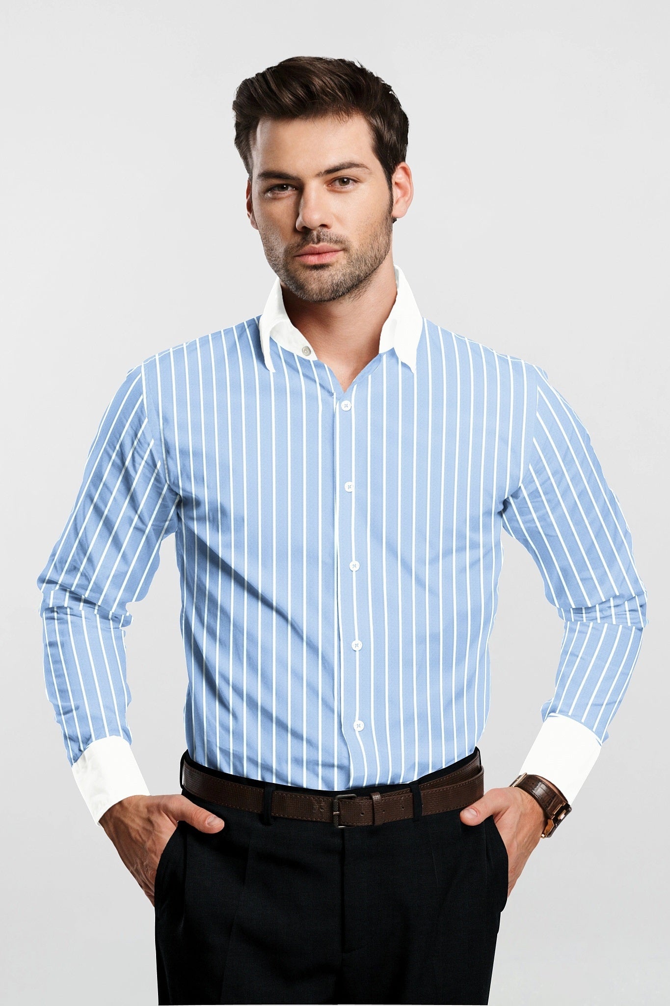 Blizzard Blue and White Wide Pinstripes Designer Cotton Linen Shirt