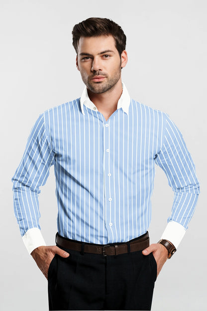 Blizzard Blue and White Wide Pinstripes Designer Cotton Linen Shirt