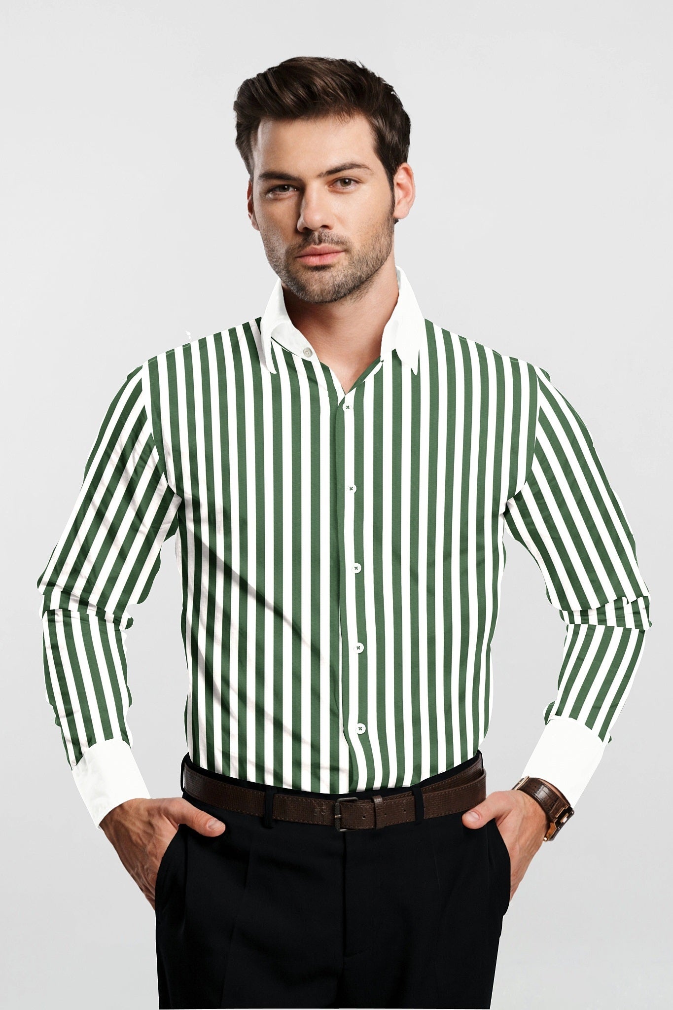 White with Loden Frost Green Candy Stripes Designer Cotton Shirt
