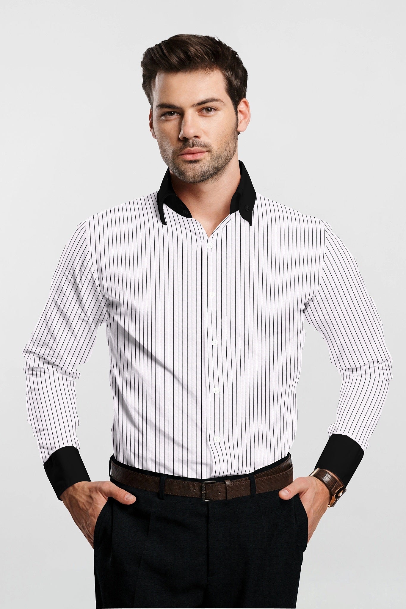 Jet Black and White Pinstripes Designer Cotton Shirt
