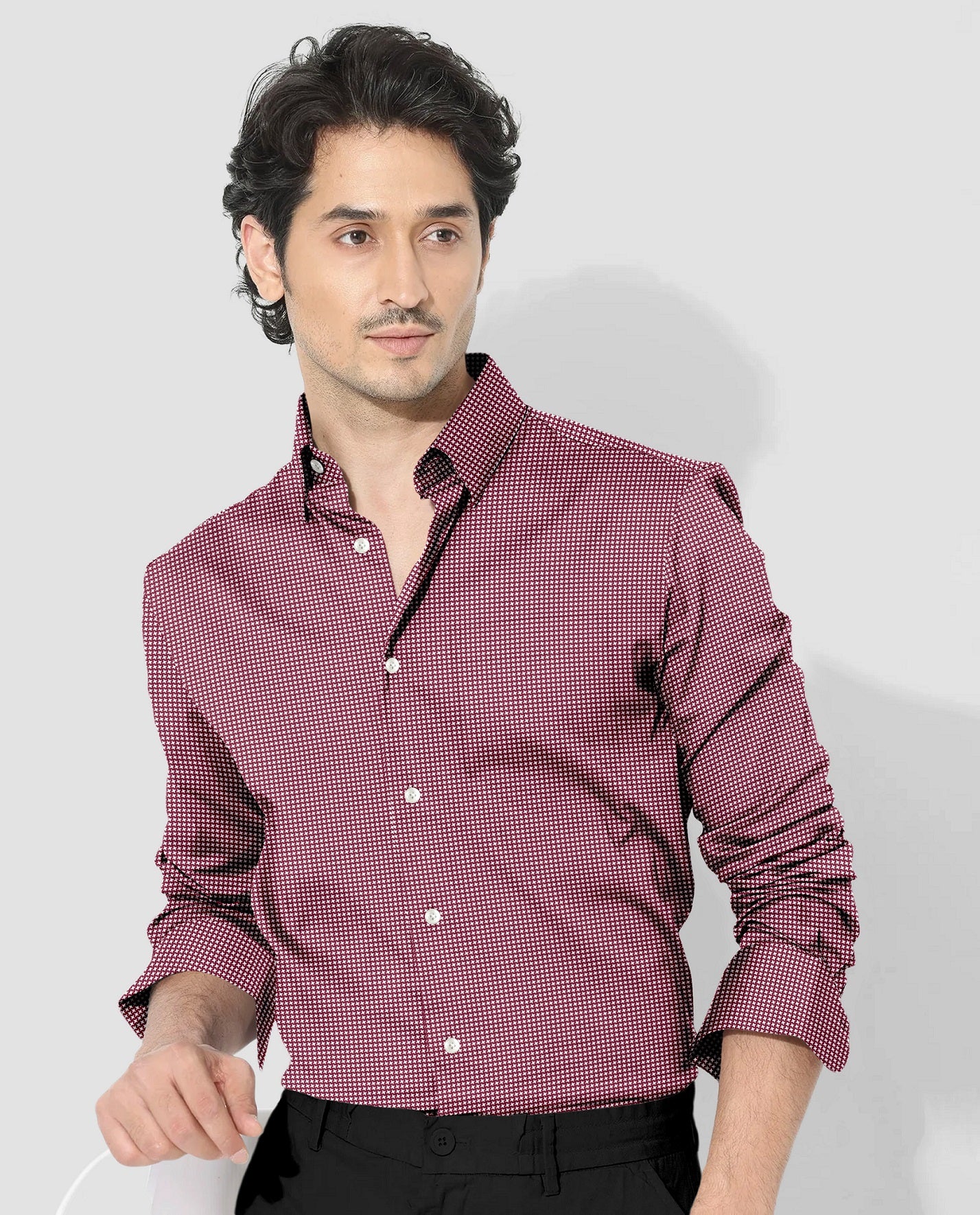 Garnet Red and White Ninja Kunai Star Shuriken Printed Cotton Shirt