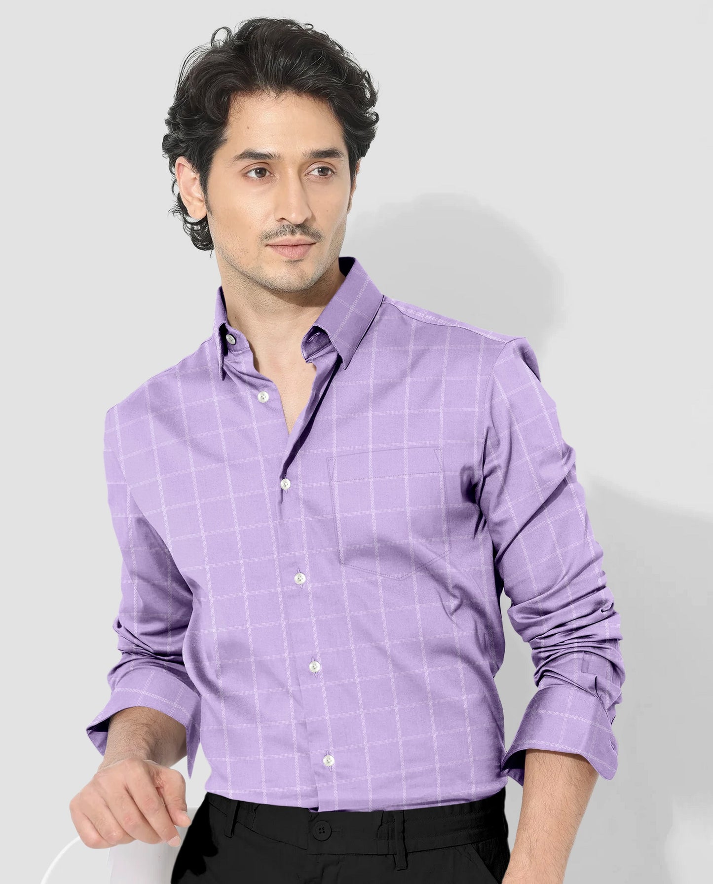 Sheer lilac Purple and Frost White Checks Cotton Shirt