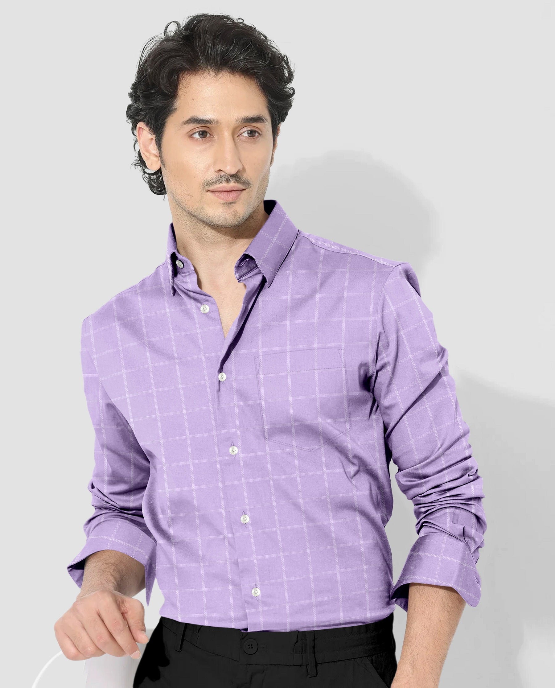 Sheer lilac Purple and Frost White Checks Cotton Shirt