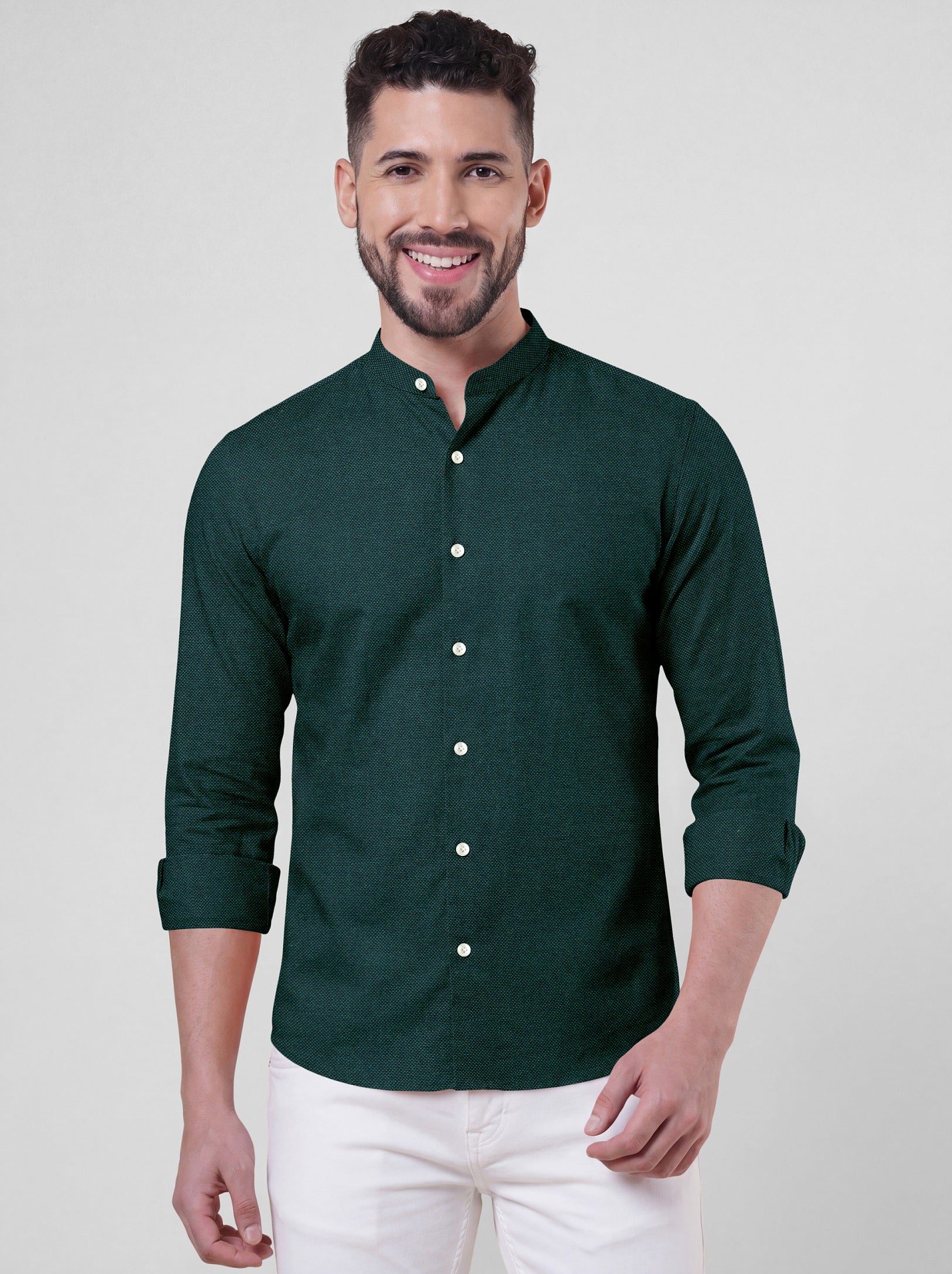 Eden Green Two Toned Mandarin Collar Premium Oxford Cotton Shirt