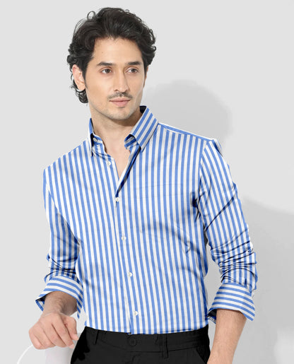 Robbia Blue And Milky White Stripes Oxford Structured Cotton Shirt