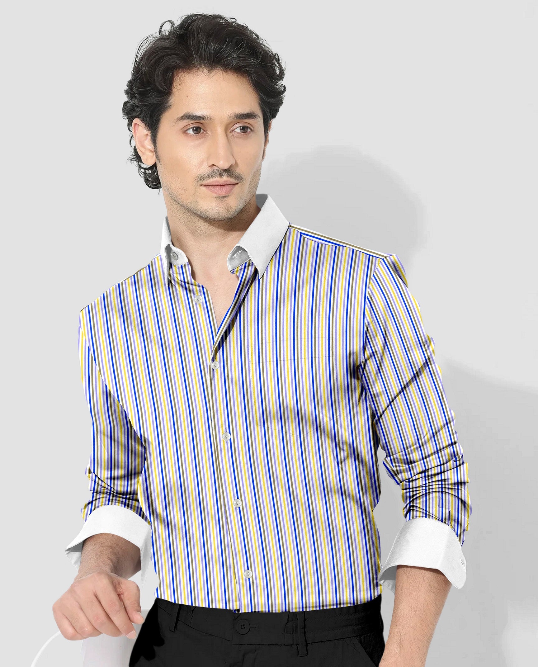White with Lapis Blue and Lemon Yellow Multicolored Multitrack Stripes Designer Cotton Shirt 