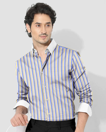 White with Lapis Blue and Lemon Yellow Multicolored Multitrack Stripes Designer Cotton Shirt 