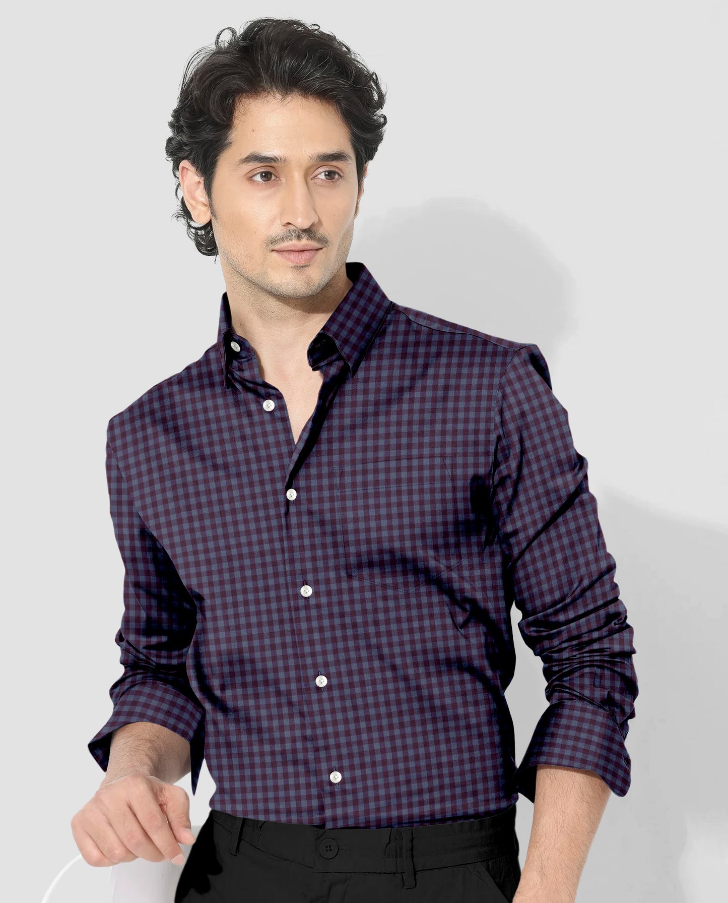 Prune Purple and Plum Grey Gingham Checks Cotton Shirt
