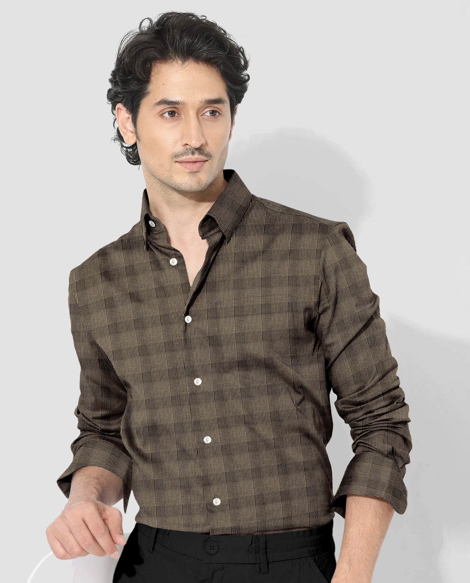 Brass Brown and Caviar Black Jacquard Checks Egyptian Giza Cotton Shirt