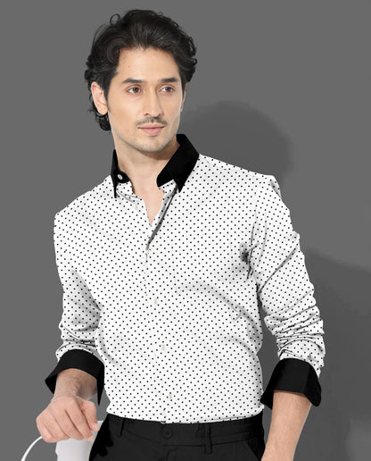 Milk White and Jet Black Polka Dots Printed Designer Cotton Shirt