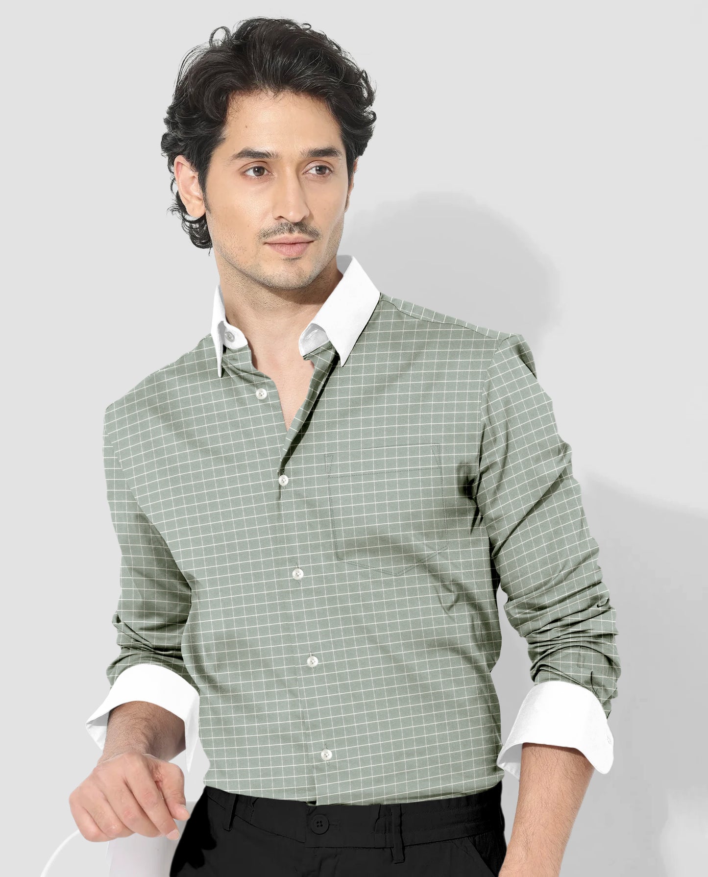 Avocado Green and Snow White Checks Designer Cotton Shirt