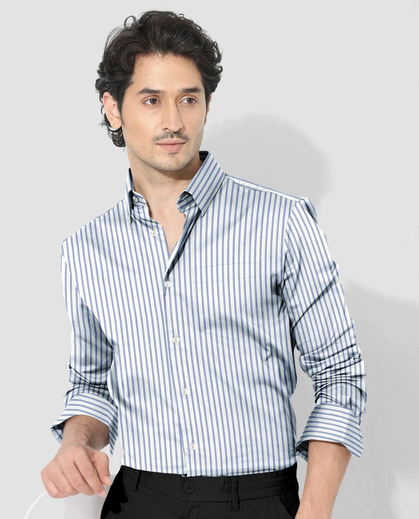 Chambray Blue And Snow White Multitrack Stripes Cotton Shirt
