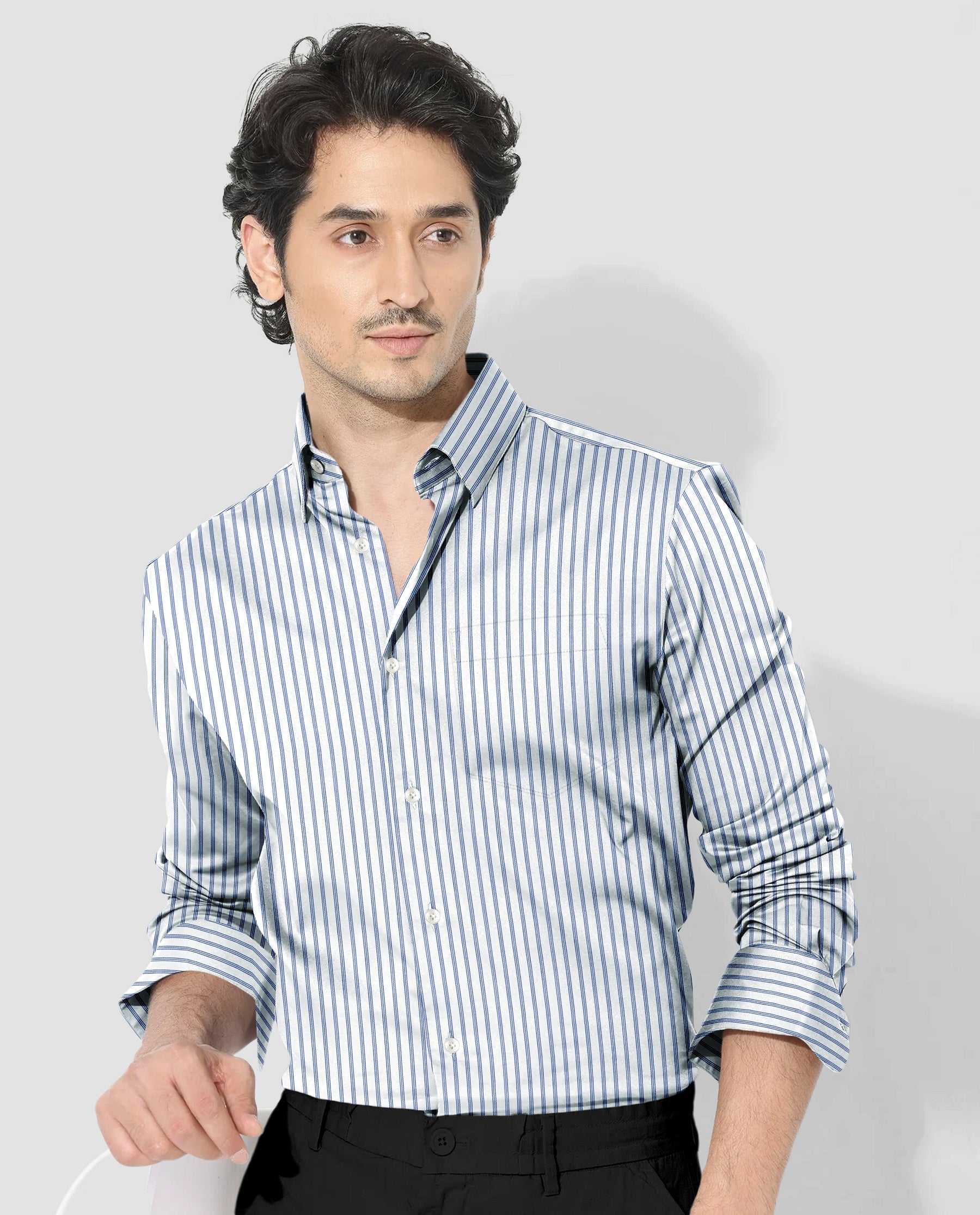 Chambray Blue And Snow White Multitrack Stripes Cotton Shirt