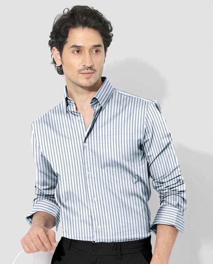 Chambray Blue And Snow White Multitrack Stripes Cotton Shirt