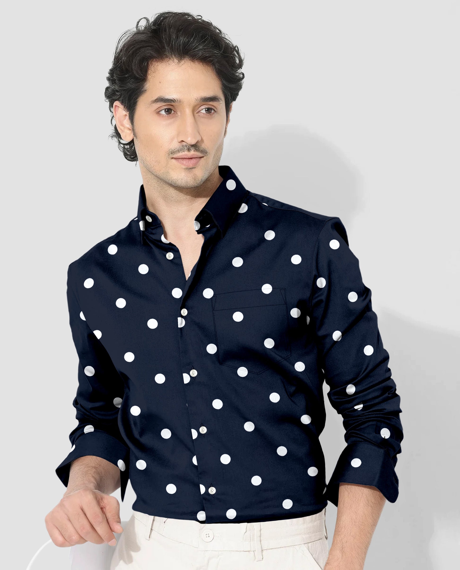 Moonlit Blue and Silk White Polka Dots Printed Cotton Shirt