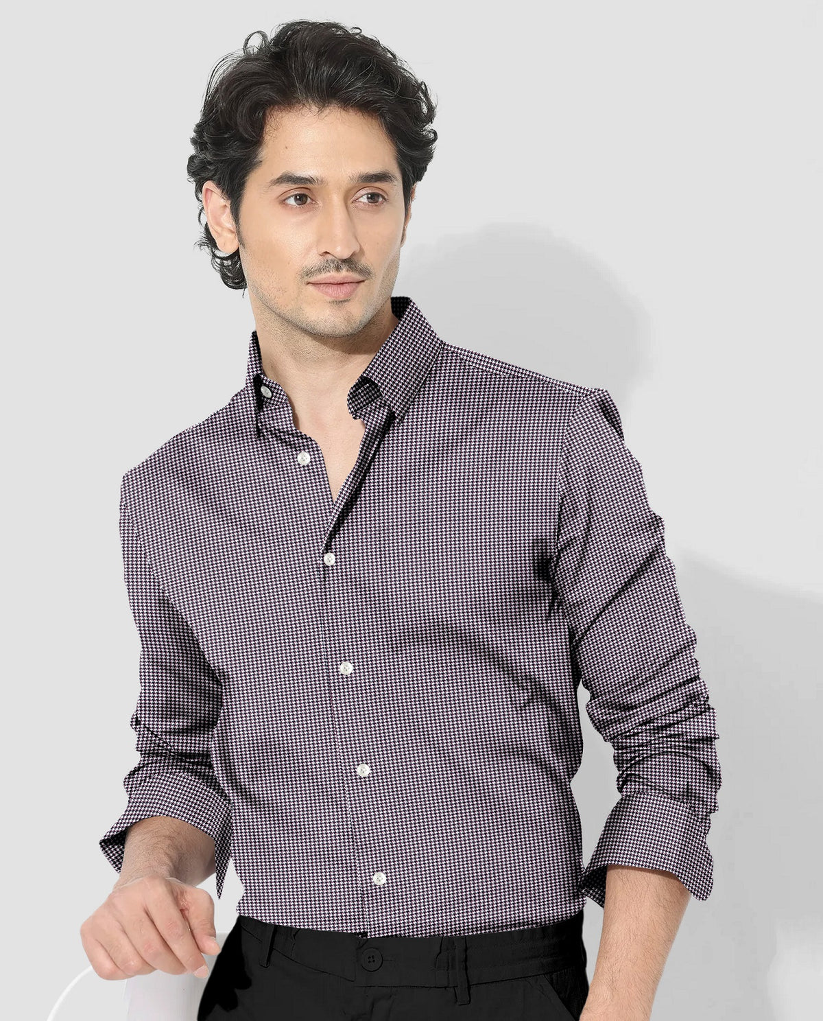 White with Obsidian Black and Garnet Red Hounds Tooth Checks 2 ply Giza Cotton Shirt
