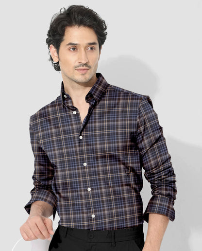 Chestnut Brown with Minimal Grey and Semolina Cream Checks 2 Ply Giza Cotton Shirt