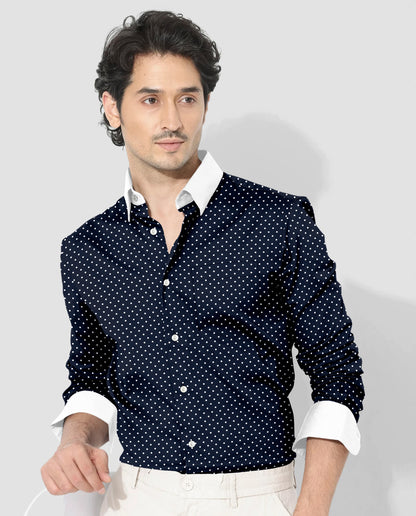 Sodalite Blue and Snow White Polka Dots Printed Designer Cotton Shirt