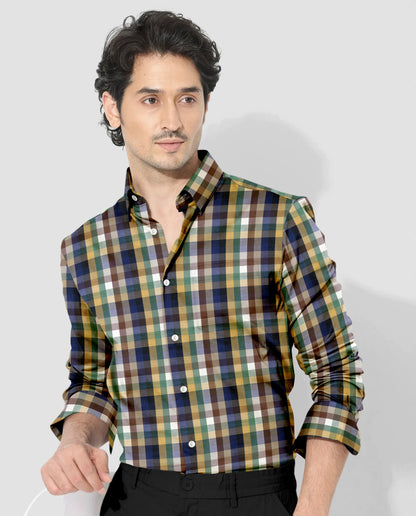 Rattan Yellow with Nutmeg Brown and Thyme Green Multicolored Tartan Checks Premium Cotton Shirt