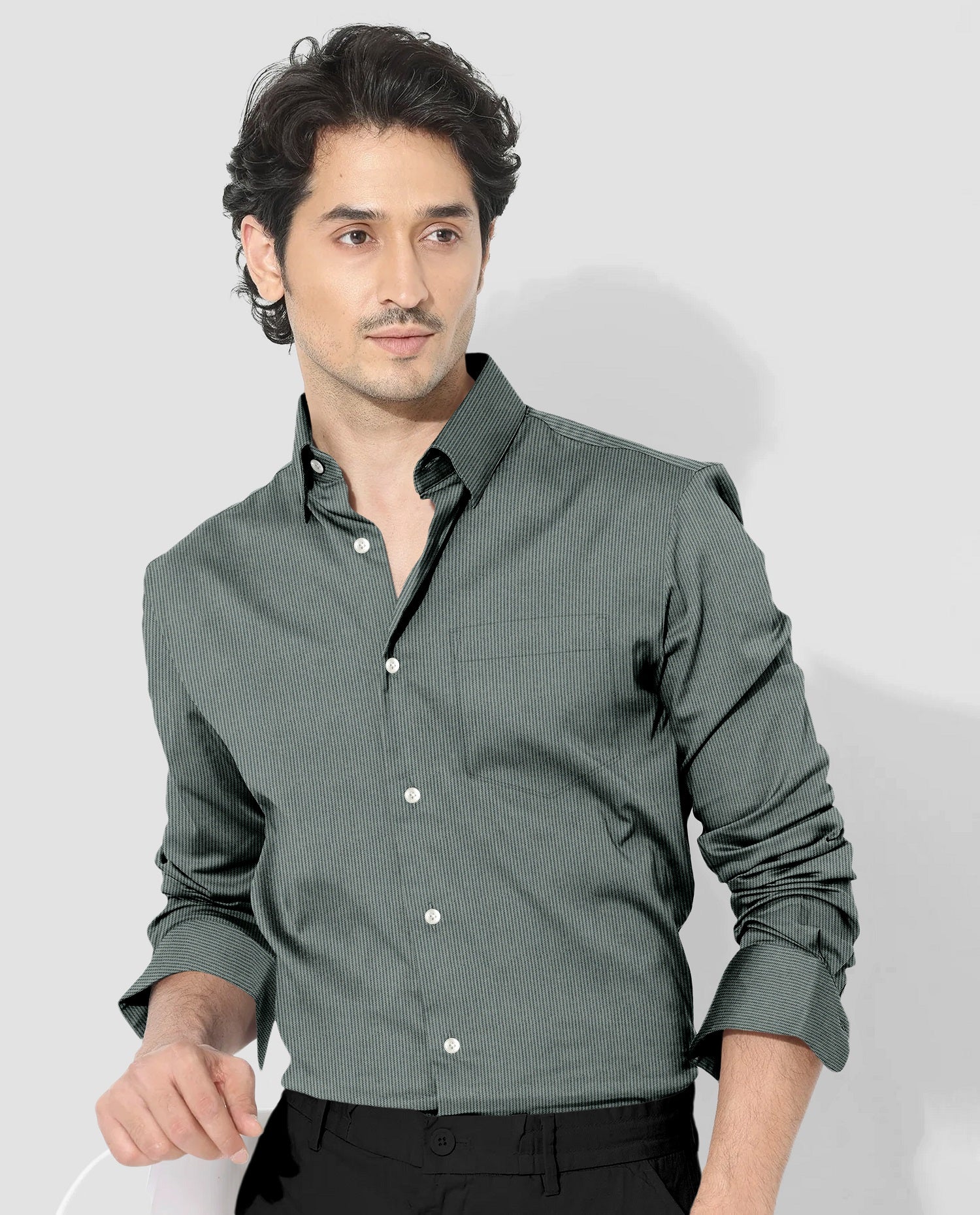 Frost Green and Coal Black Herringbone Stripes Oxford Cotton Shirt