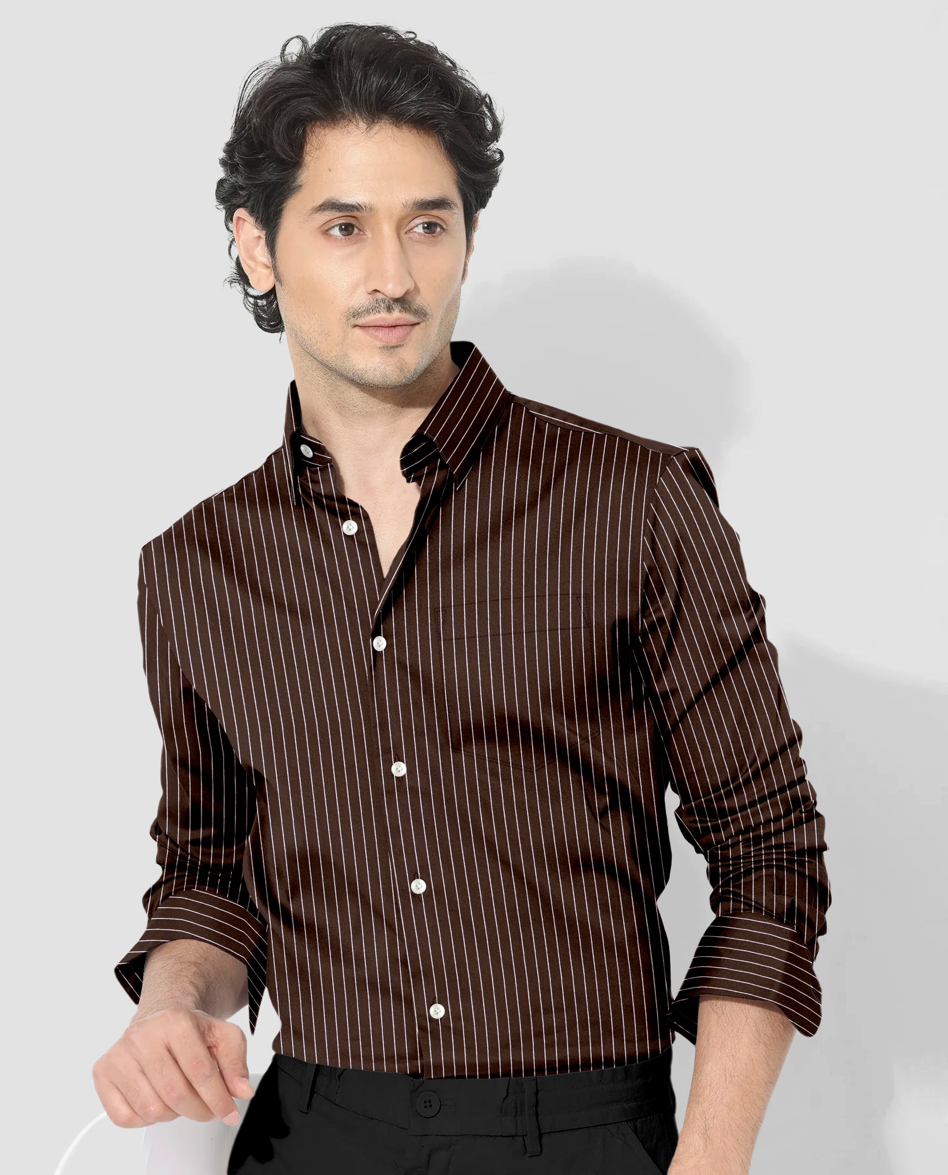 Truffle Brown and Salt White Pinstripes Cotton Shirt