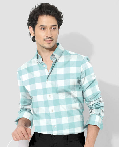 White and Turquoise Blue Buffalo Chekcs Oxford Cotton Shirt