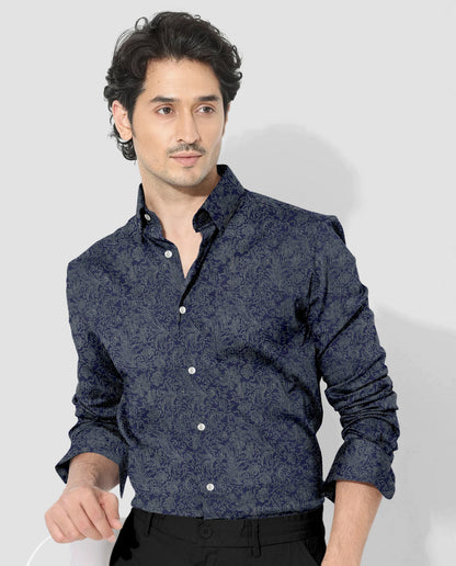 Insignia Blue With Olive Green Vector Flower Printed Cotton Shirt