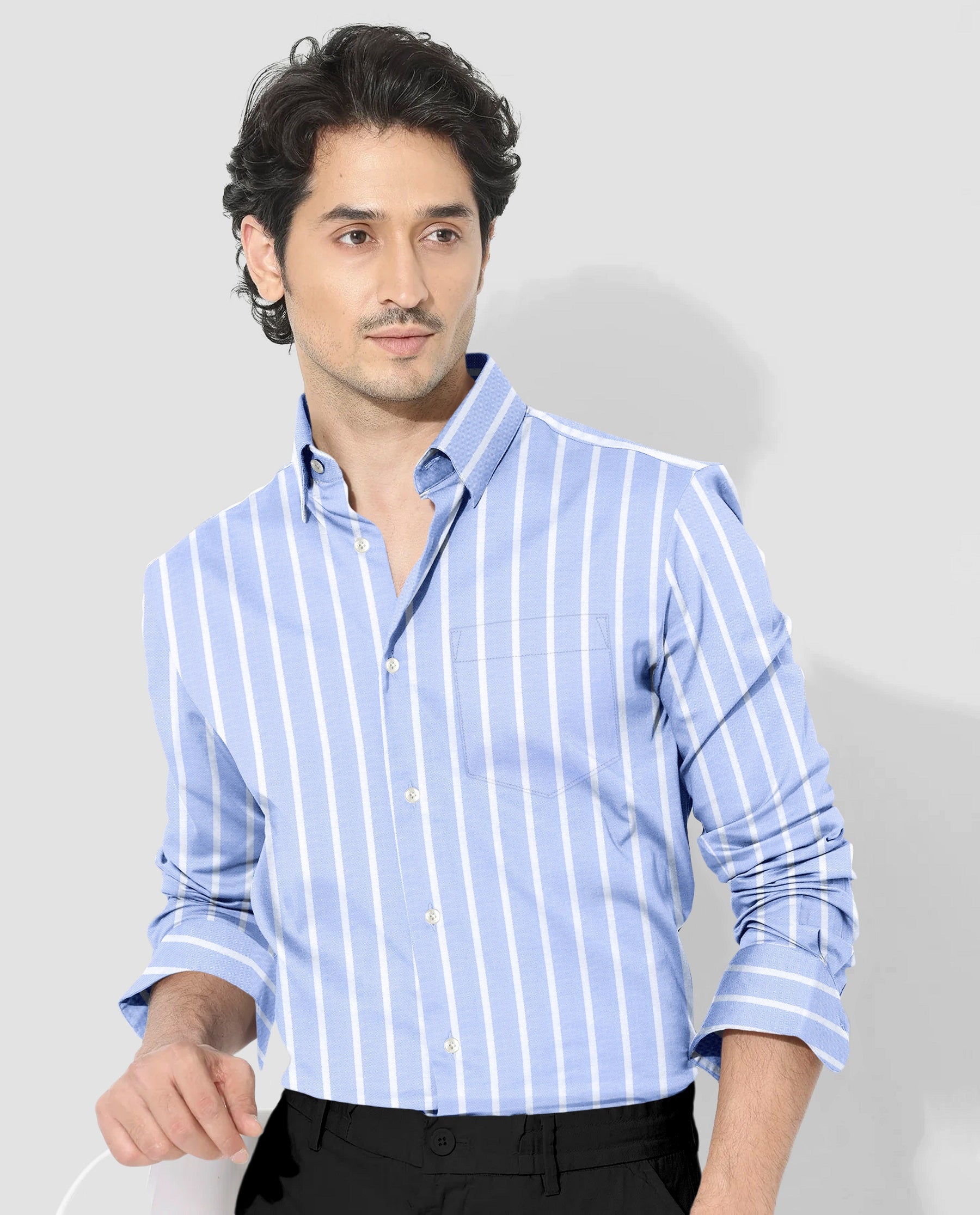 Brunnera Blue and Flash White Chalk Stripes Oxford Cotton Shirt
