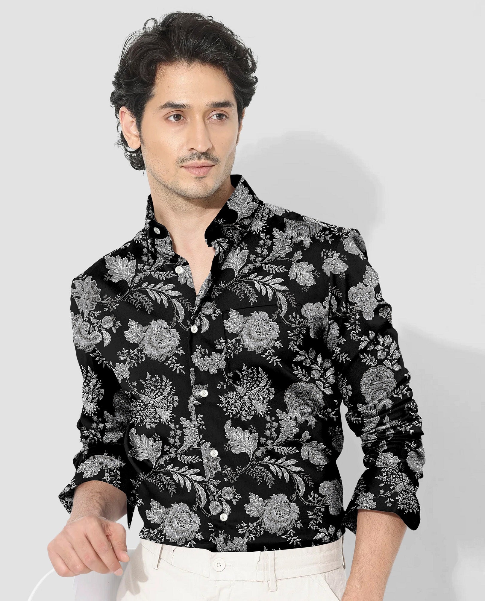 Raven Black with Platinum Grey and Silver Grey Marigold Plant Printed Cotton Shirt