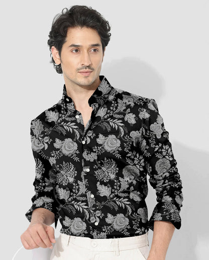 Raven Black with Platinum Grey and Silver Grey Marigold Plant Printed Cotton Shirt