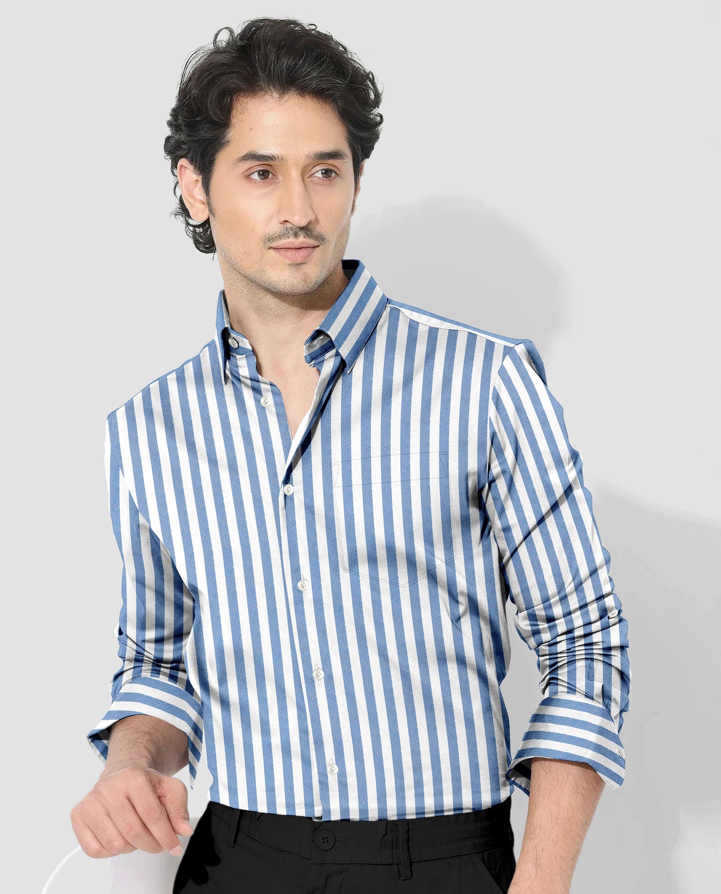 White and Danube Blue Chalk Stripes Oxford Cotton Shirt