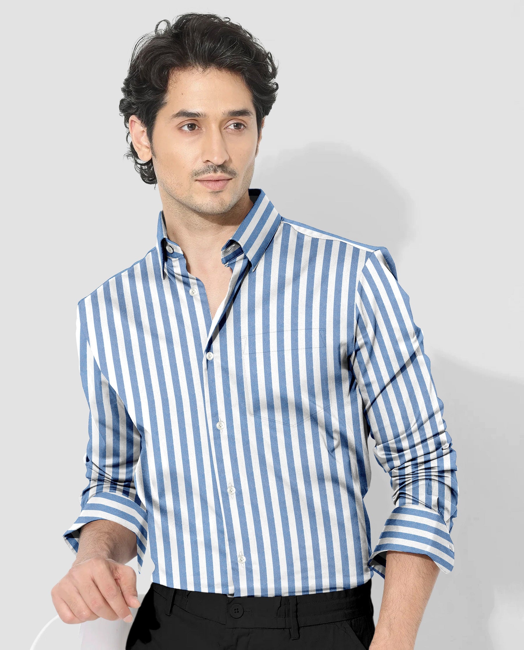 White and Danube Blue Chalk Stripes Oxford Cotton Shirt