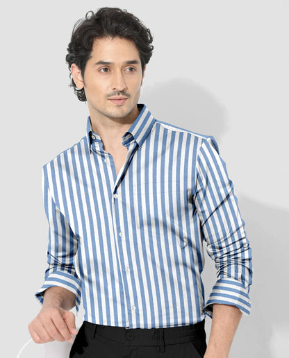 White and Danube Blue Chalk Stripes Oxford Cotton Shirt