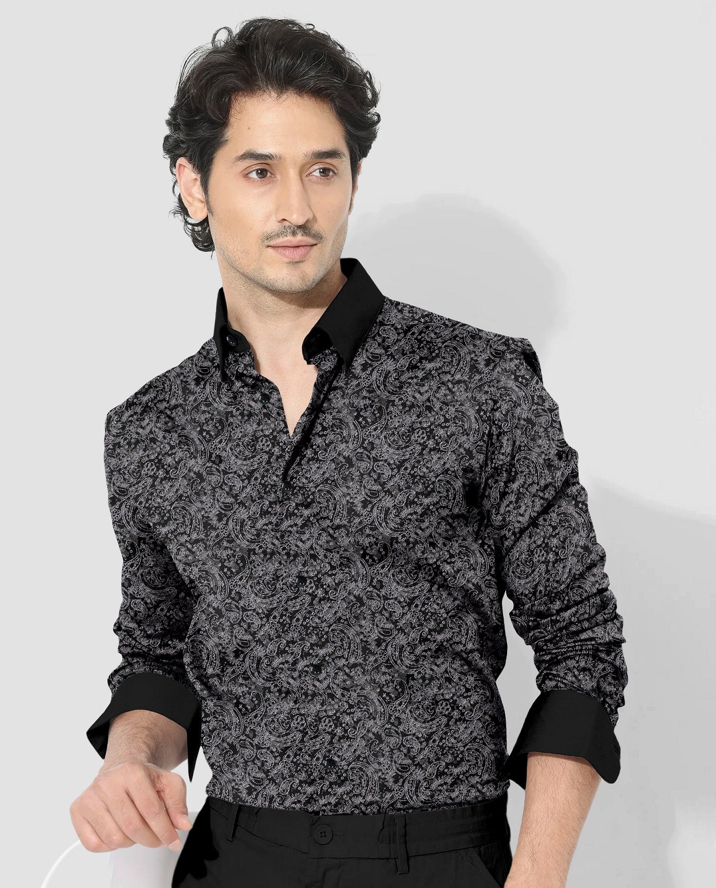 Carbon Black and Meteorite Grey Paisley Pattern Printed Designer Giza Cotton Shirt