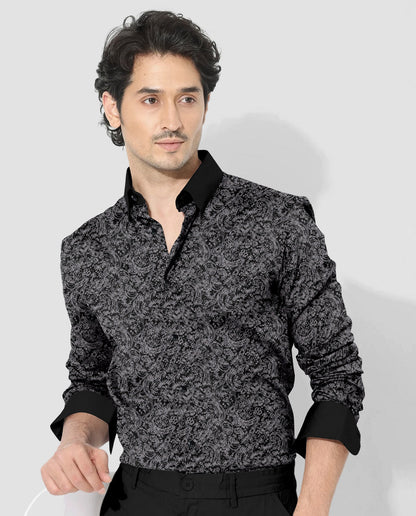 Carbon Black and Meteorite Grey Paisley Pattern Printed Designer Giza Cotton Shirt