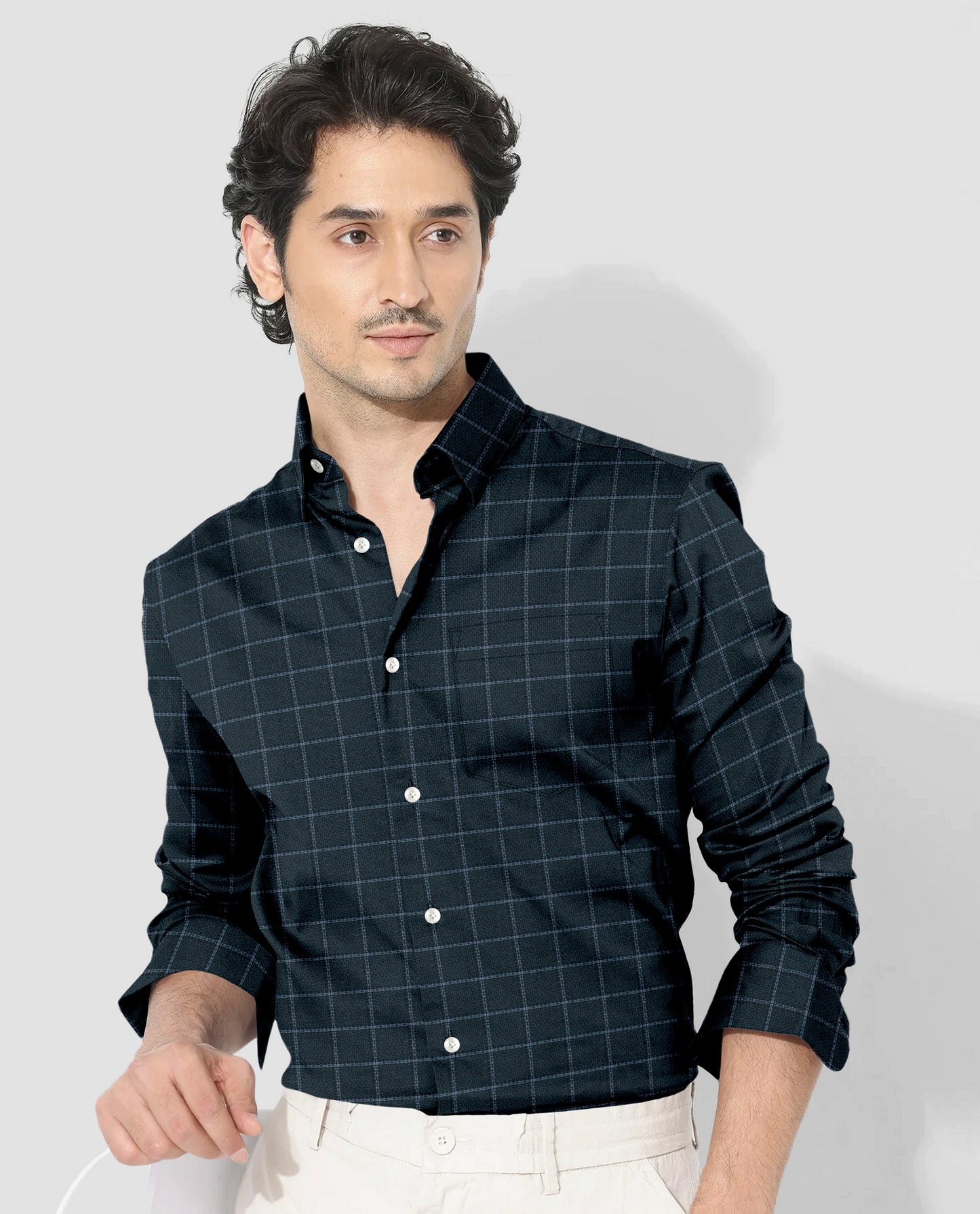Medieval Blue with Storm Green and Arona Gray Altered Broken Windowpane Checks 2 ply Giza Cotton Shirt