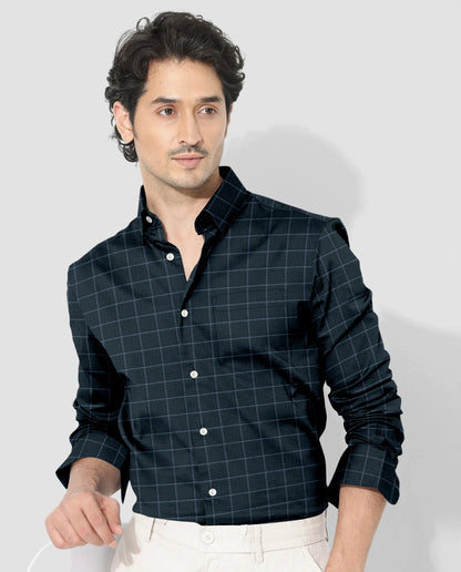 Medieval Blue with Storm Green and Arona Gray Altered Broken Windowpane Checks 2 ply Giza Cotton Shirt