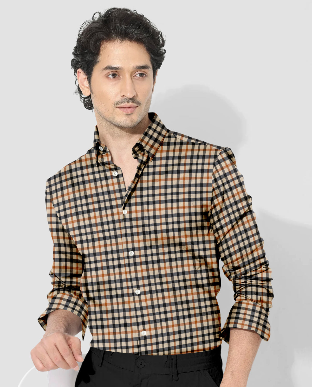Cornhusk Cream with Black and Tangerine Orange Gun Club Checks 2 Ply Giza Cotton Shirt