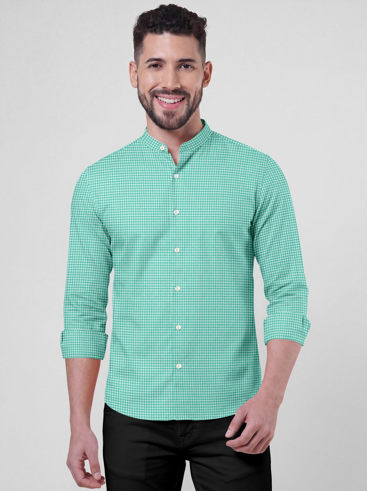 White and Aruba Blue Gingham Checks Mandarin collar Cotton Shirt