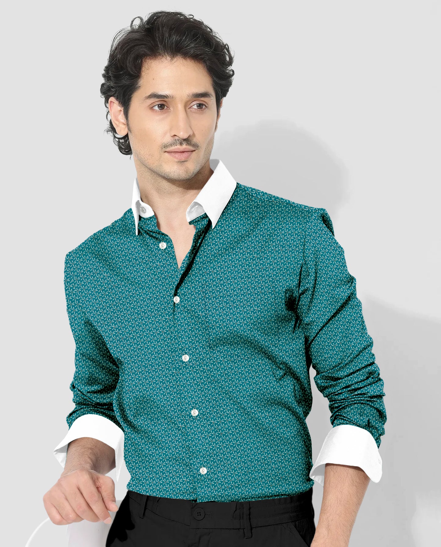 Agate Green and Beige Chamomile Flower Printed Designer Cotton Shirt