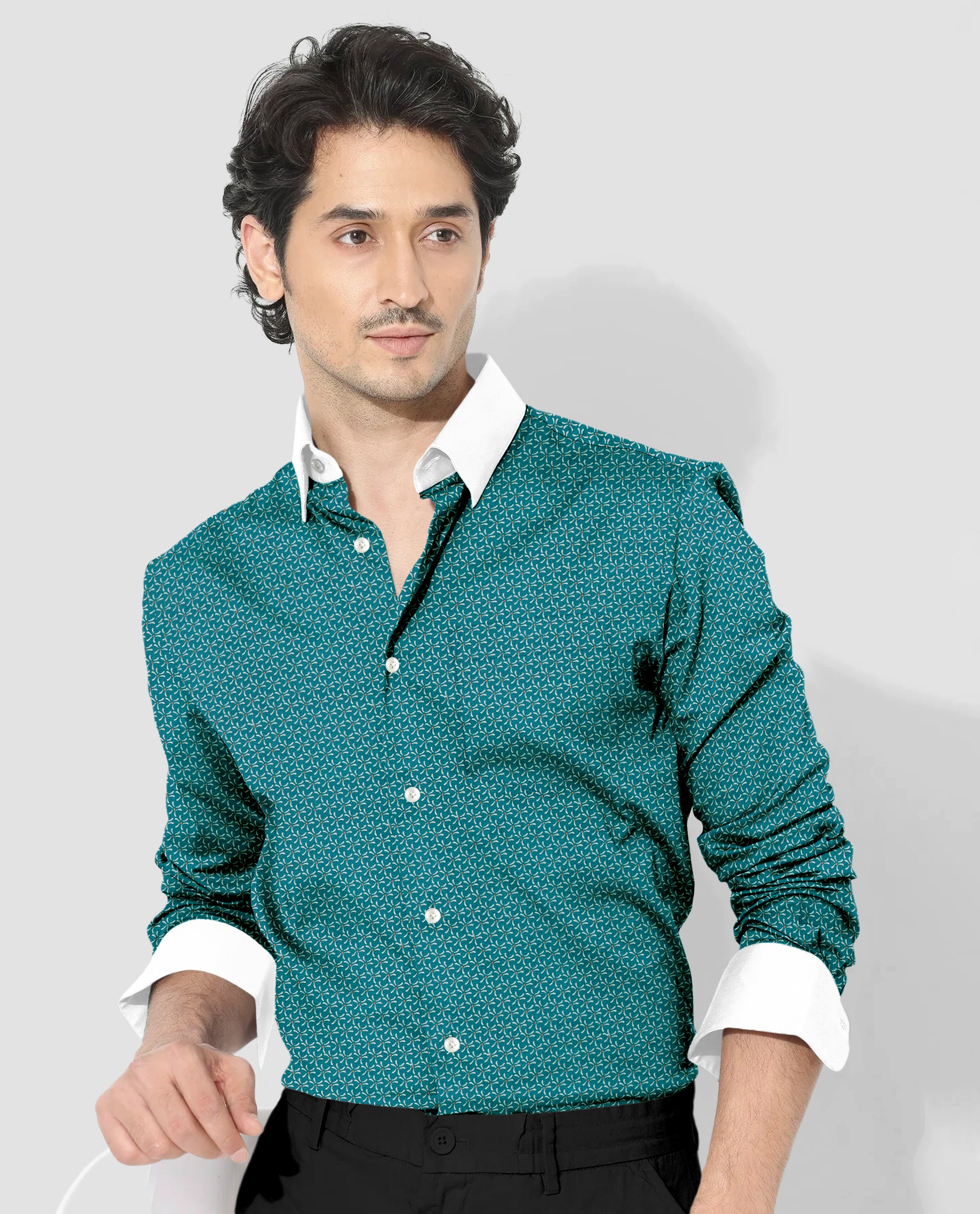 Agate Green and Beige Chamomile Flower Printed Designer Cotton Shirt