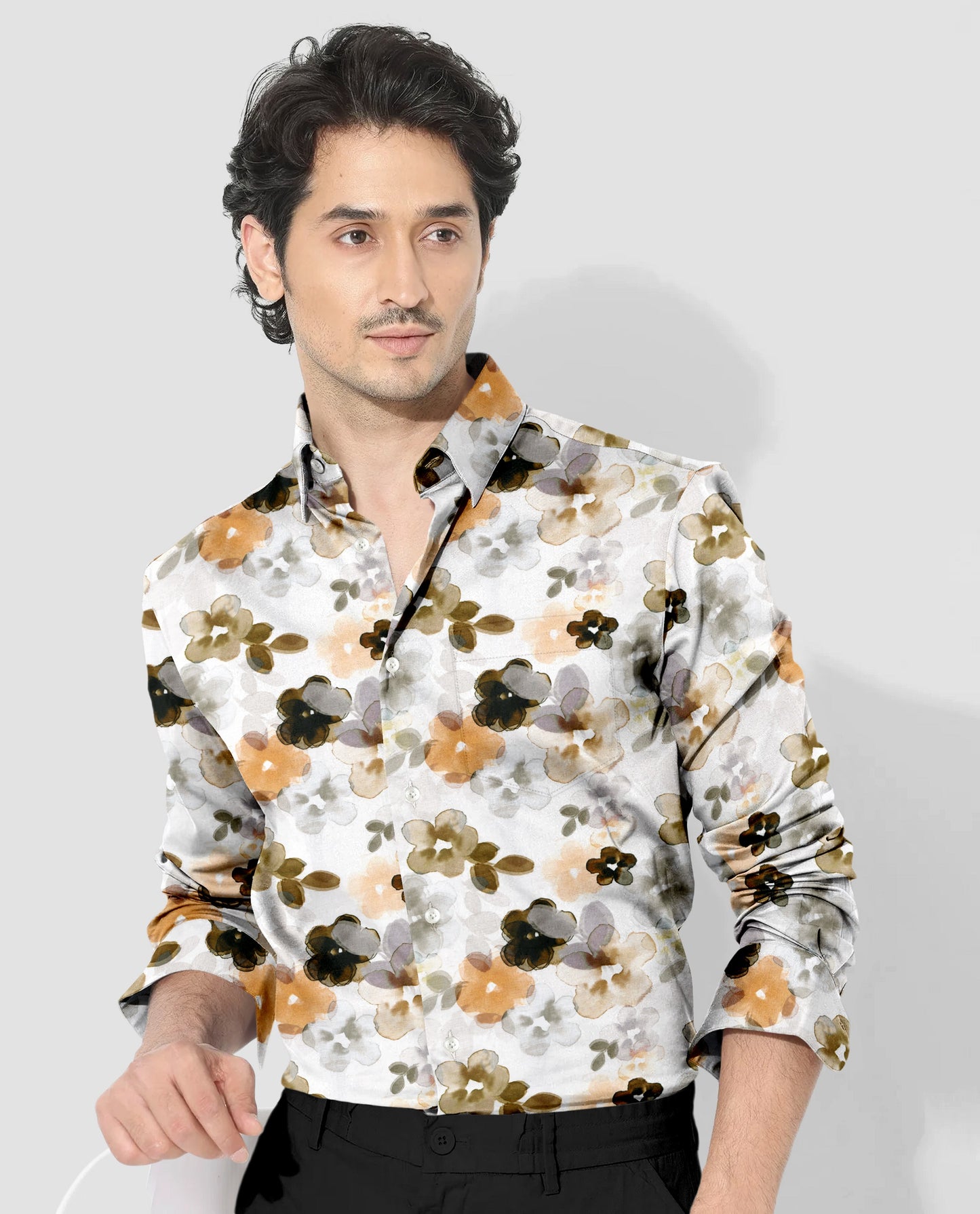 Bright White With Lark Yellow and Kombu Green Hibiscus Flowers Printed Cotton Linen Shirt