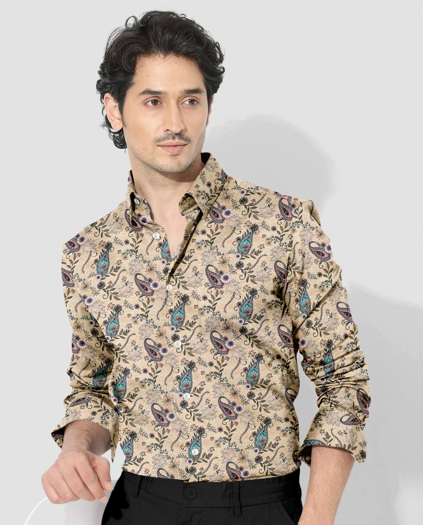 Impala Cream Cyan Blue and Tropical Peach Paisley Patterned Printed Cotton Linen Shirt