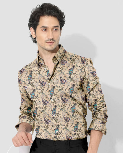 Impala Cream Cyan Blue and Tropical Peach Paisley Patterned Printed Cotton Linen Shirt