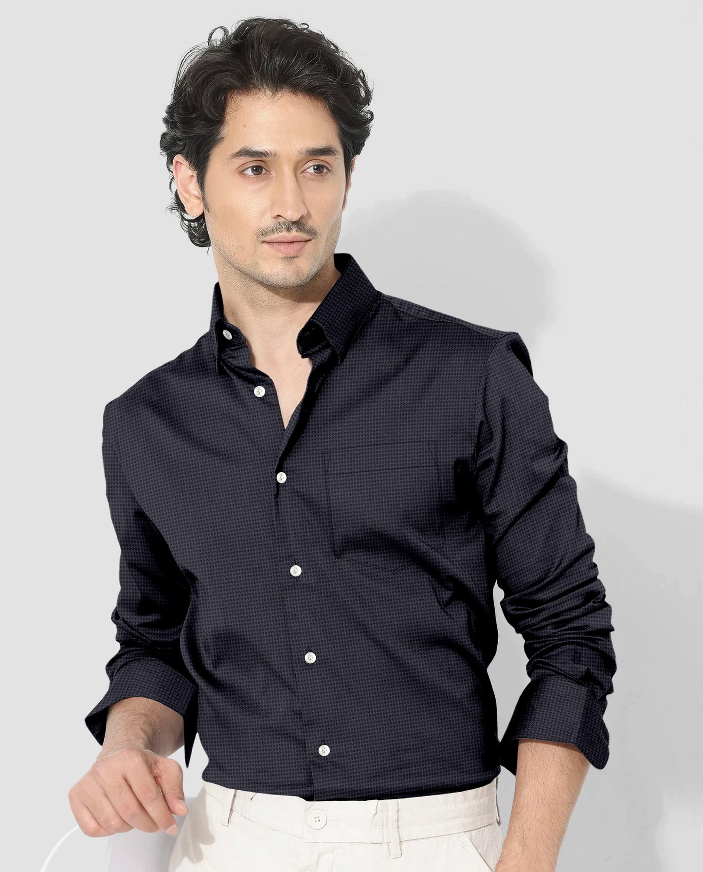 Onyx Black and Mysterioso Grey Hounds Tooth Checks 2 Ply Giza Cotton Shirt