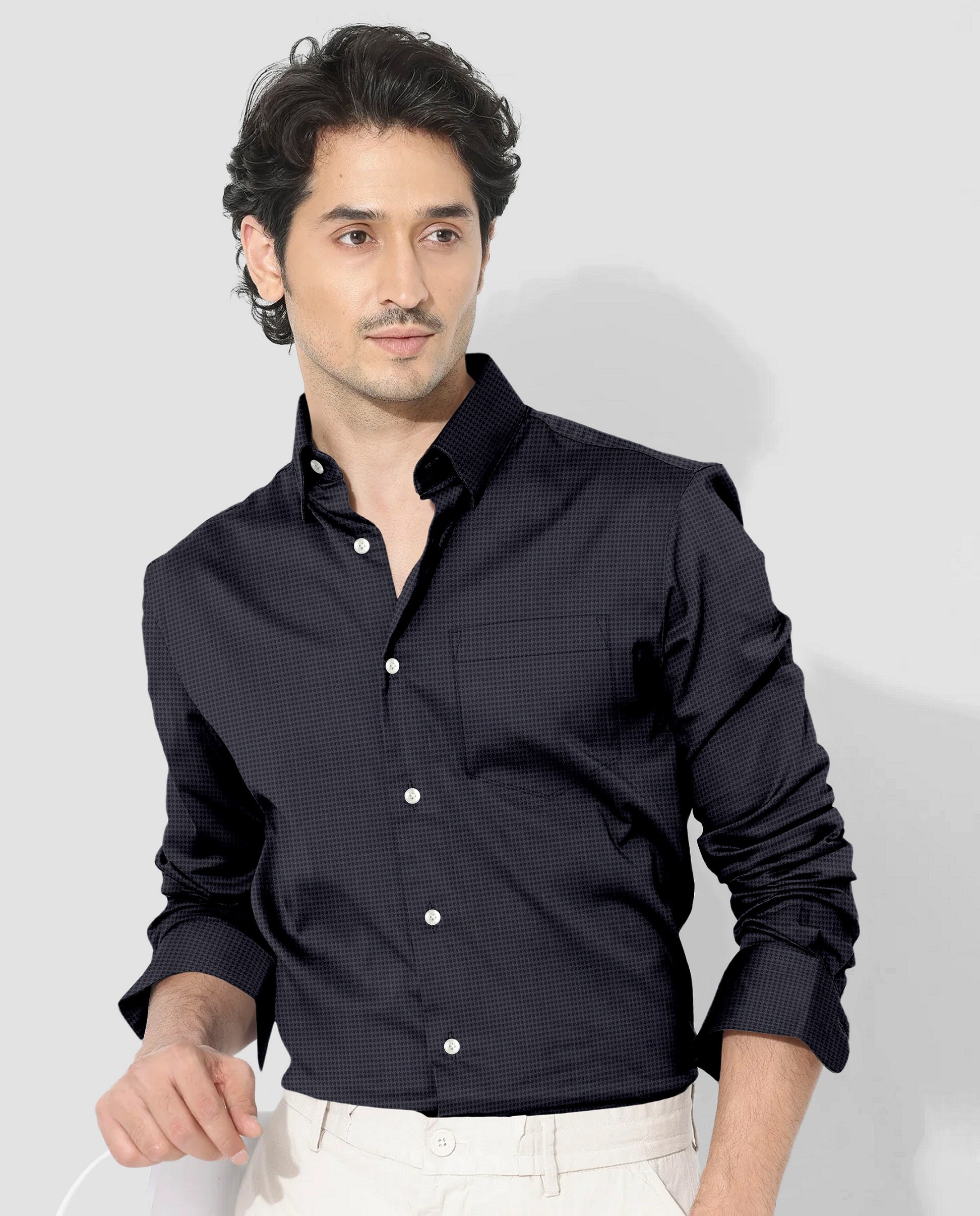 Onyx Black and Mysterioso Grey Hounds Tooth Checks 2 Ply Giza Cotton Shirt