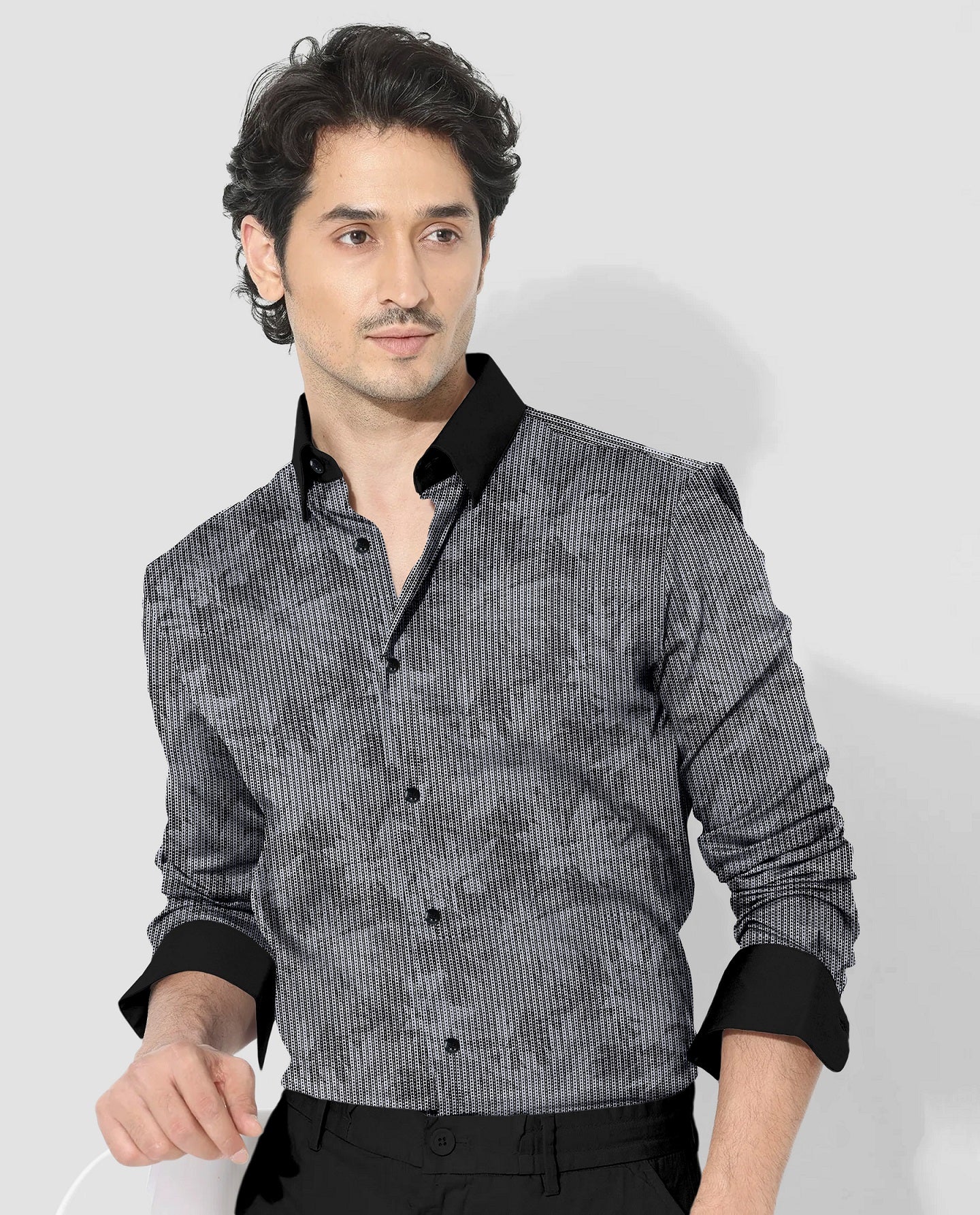 Sable Black and Slate Grey Maple Leaf Printed Broken Stripes Designer Cotton Shirt