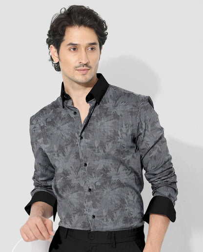 Sable Black and Slate Grey Maple Leaf Printed Broken Stripes Designer Cotton Shirt