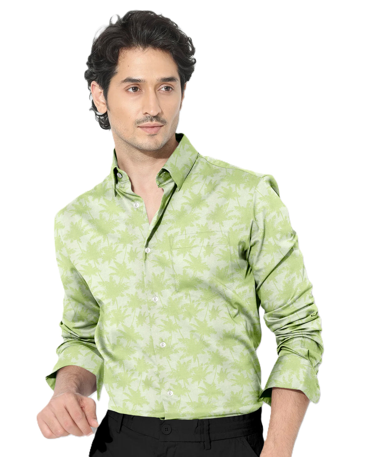 Limeade Green and Chardonnay Green Maple Leaf Jacquard Printed Giza Cotton Shirt